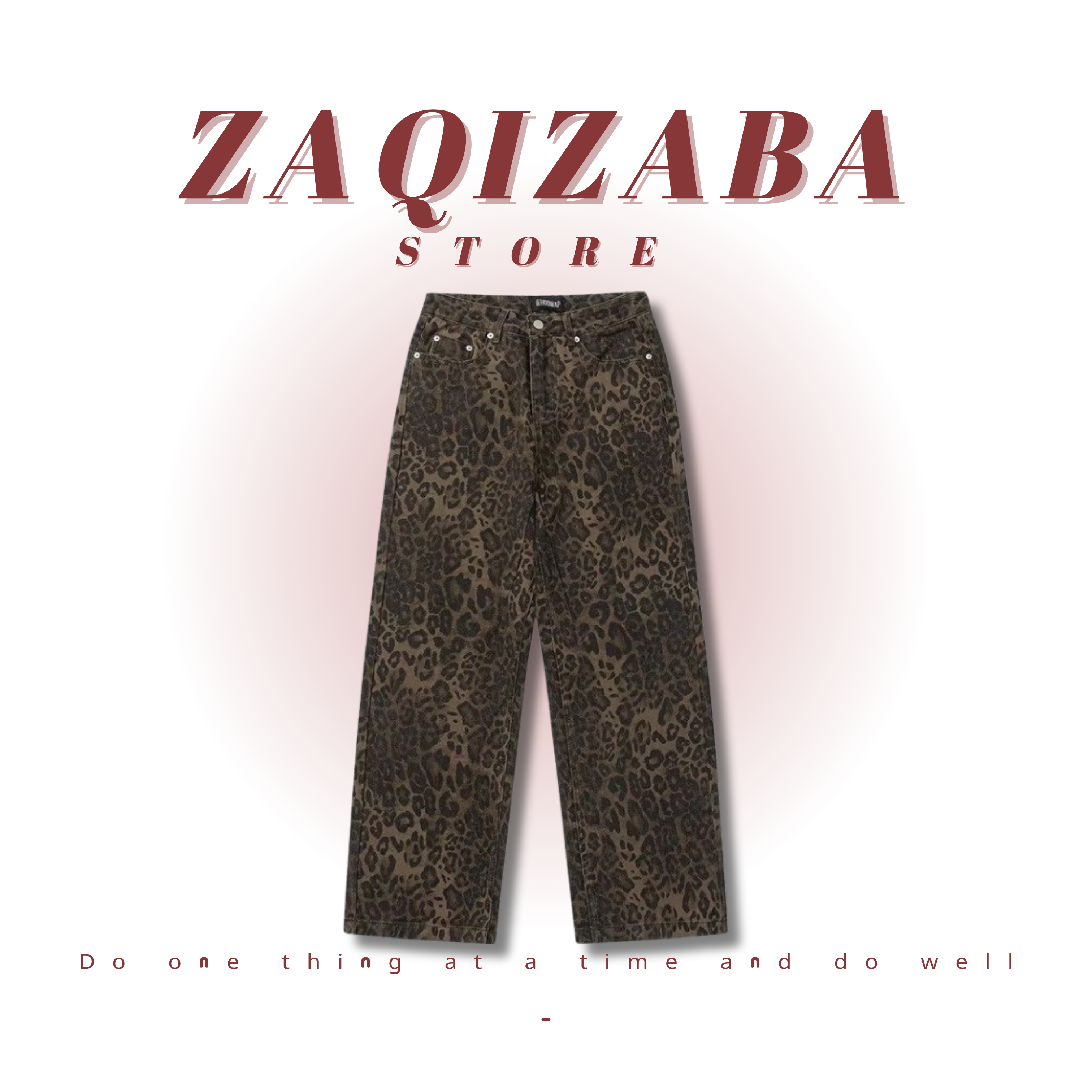 寬鬆美式豹紋牛仔落地褲