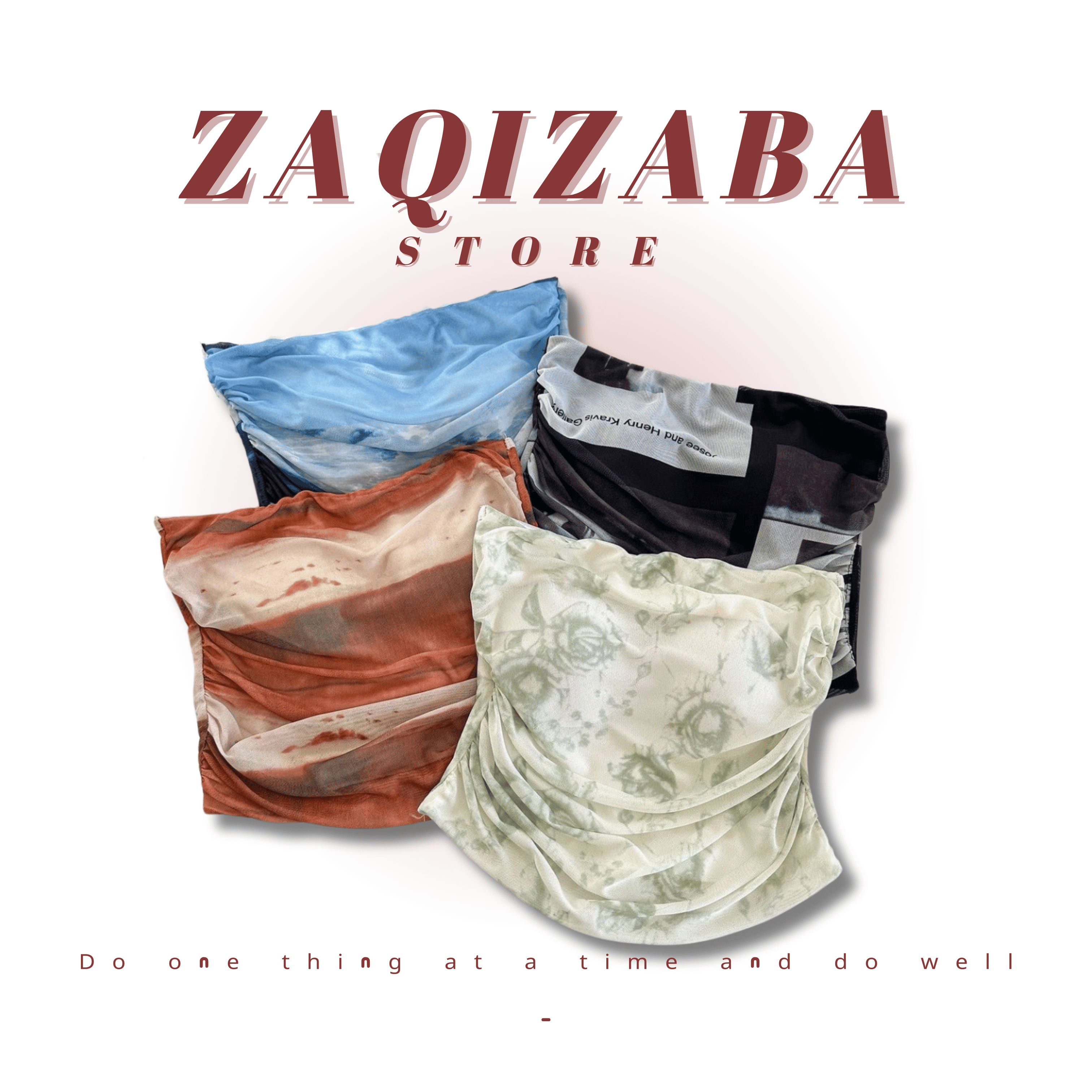 皺褶扎染網紗平口氣質上衣