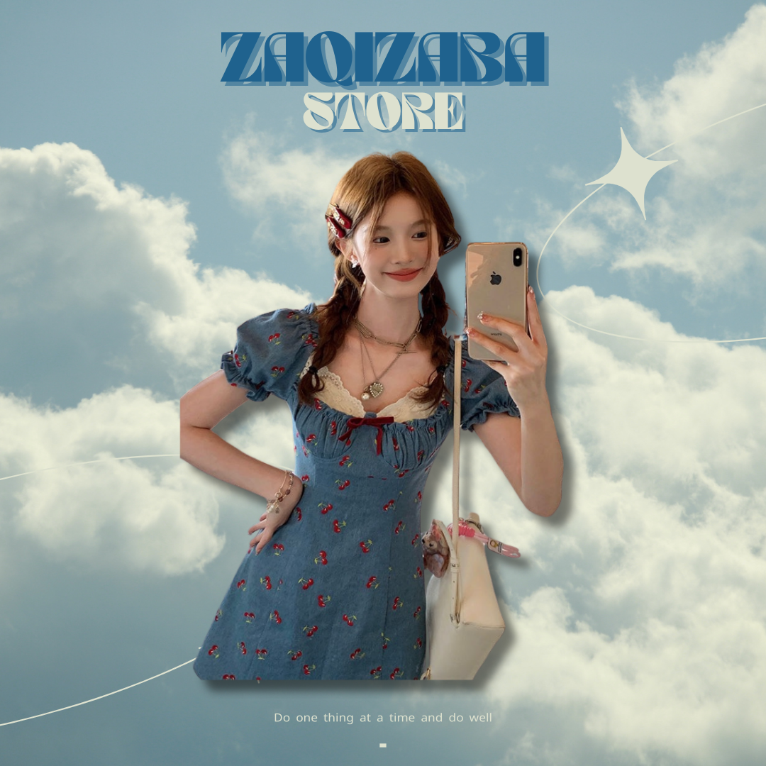 櫻桃蕾絲復古甜美法式碎花收腰顯瘦裙