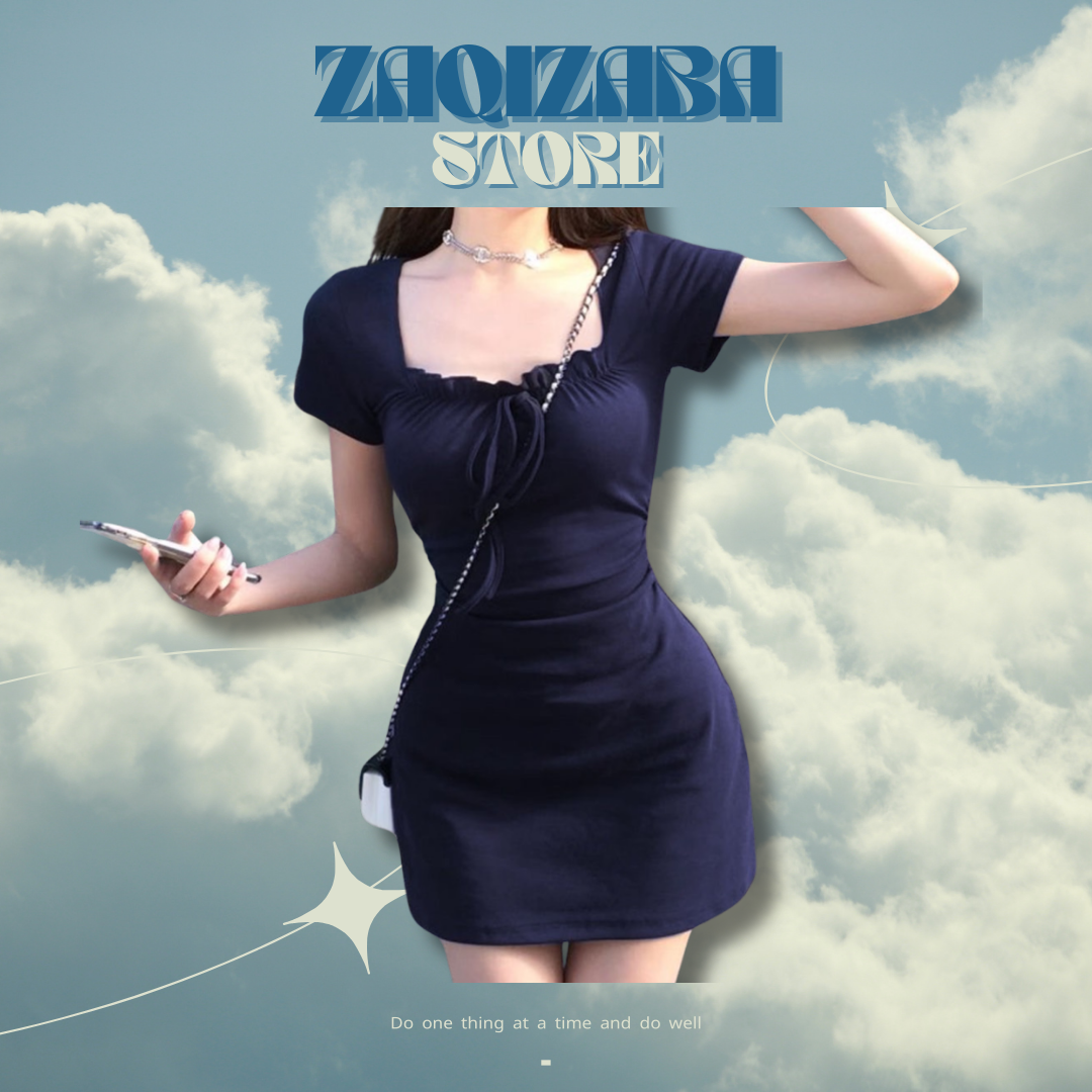 藏藍氣質綁帶褶皺方領短袖連衣裙