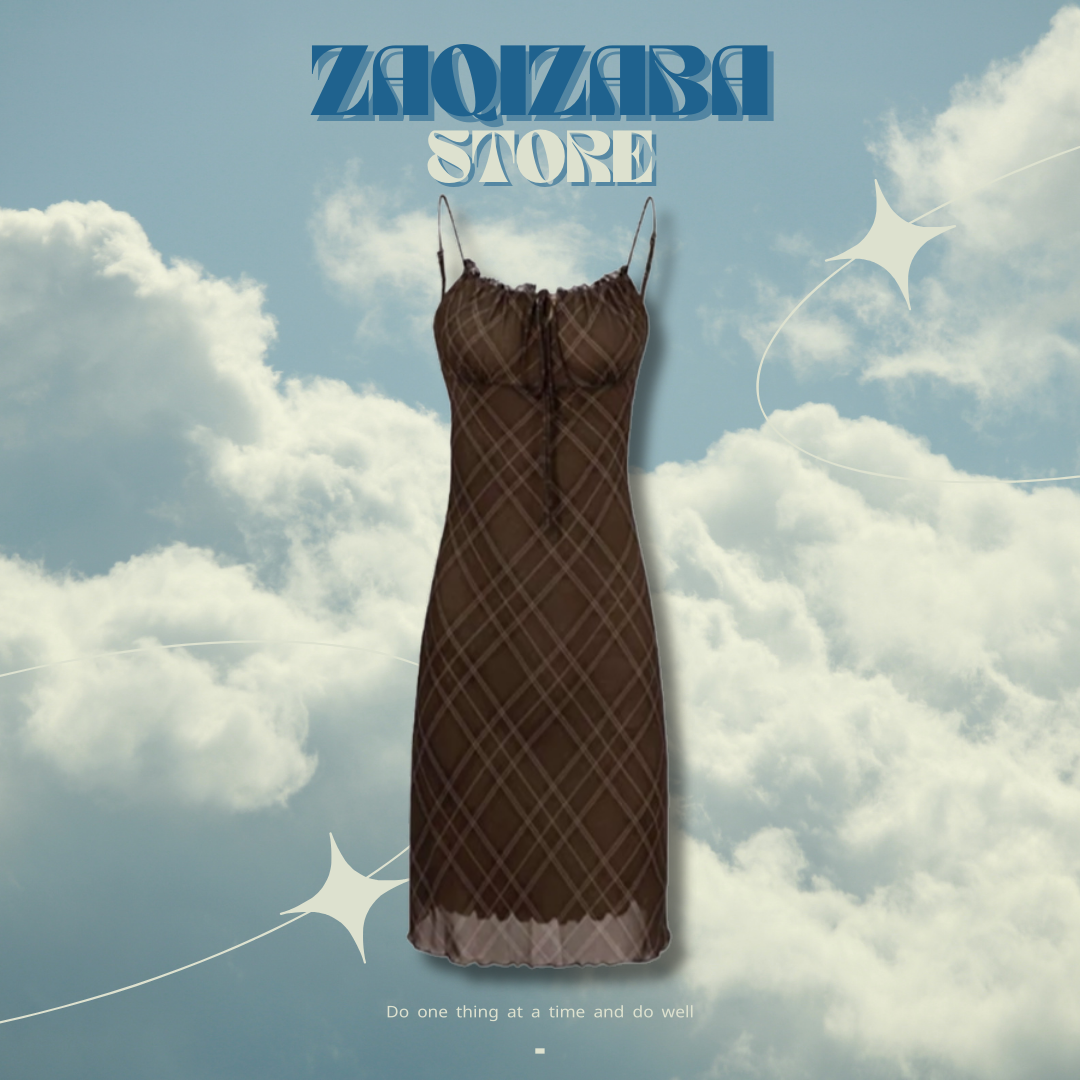 蕾絲氣質格子法式修身吊帶連衣裙