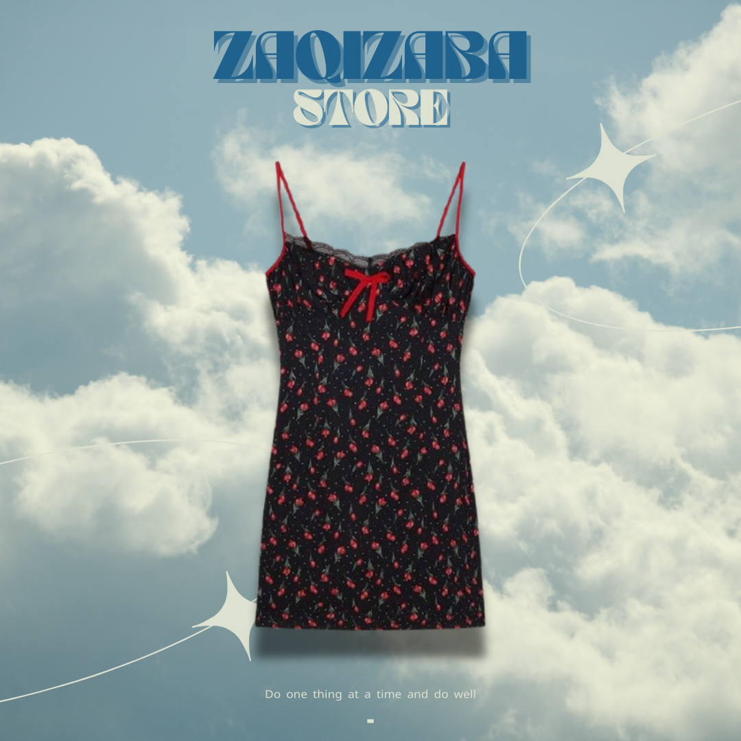 港式復古風收腰蕾絲邊吊帶連衣裙