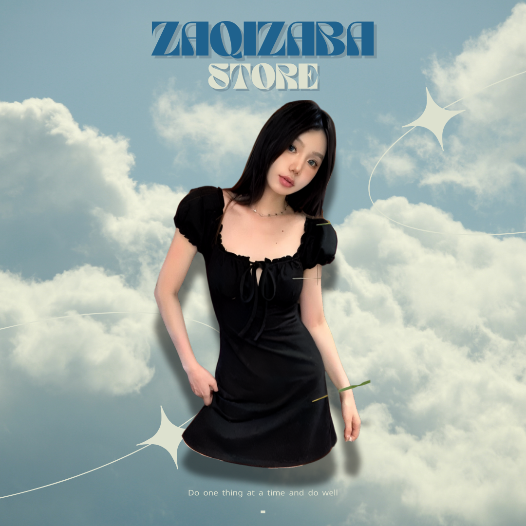 方領泡泡袖法式赫本風黑色包臀裙