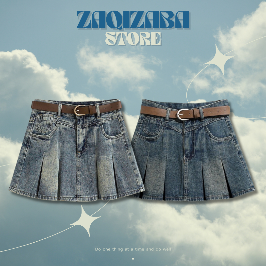 美式復古牛仔百褶裙（有內襯＆未附皮帶