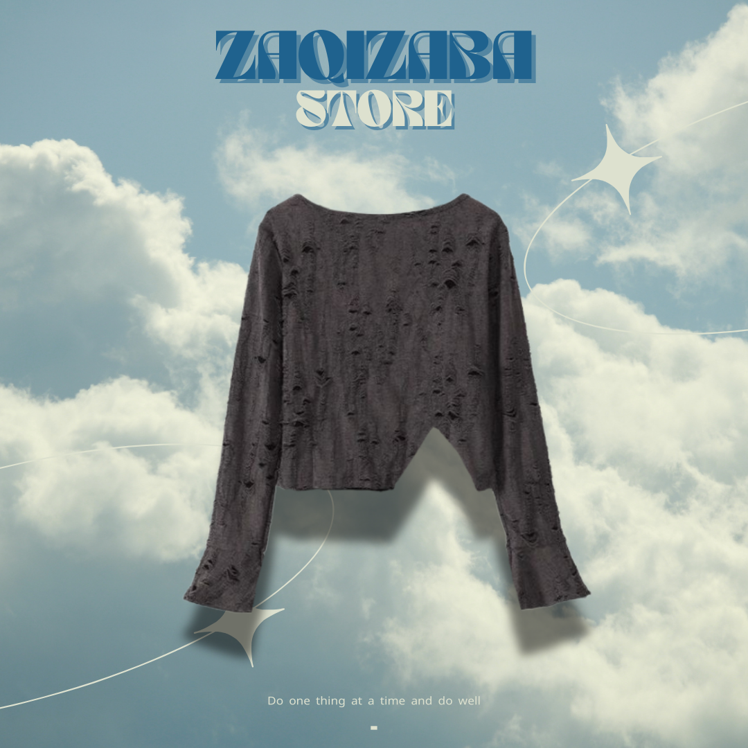 一字肩開岔設計破洞修身上衣