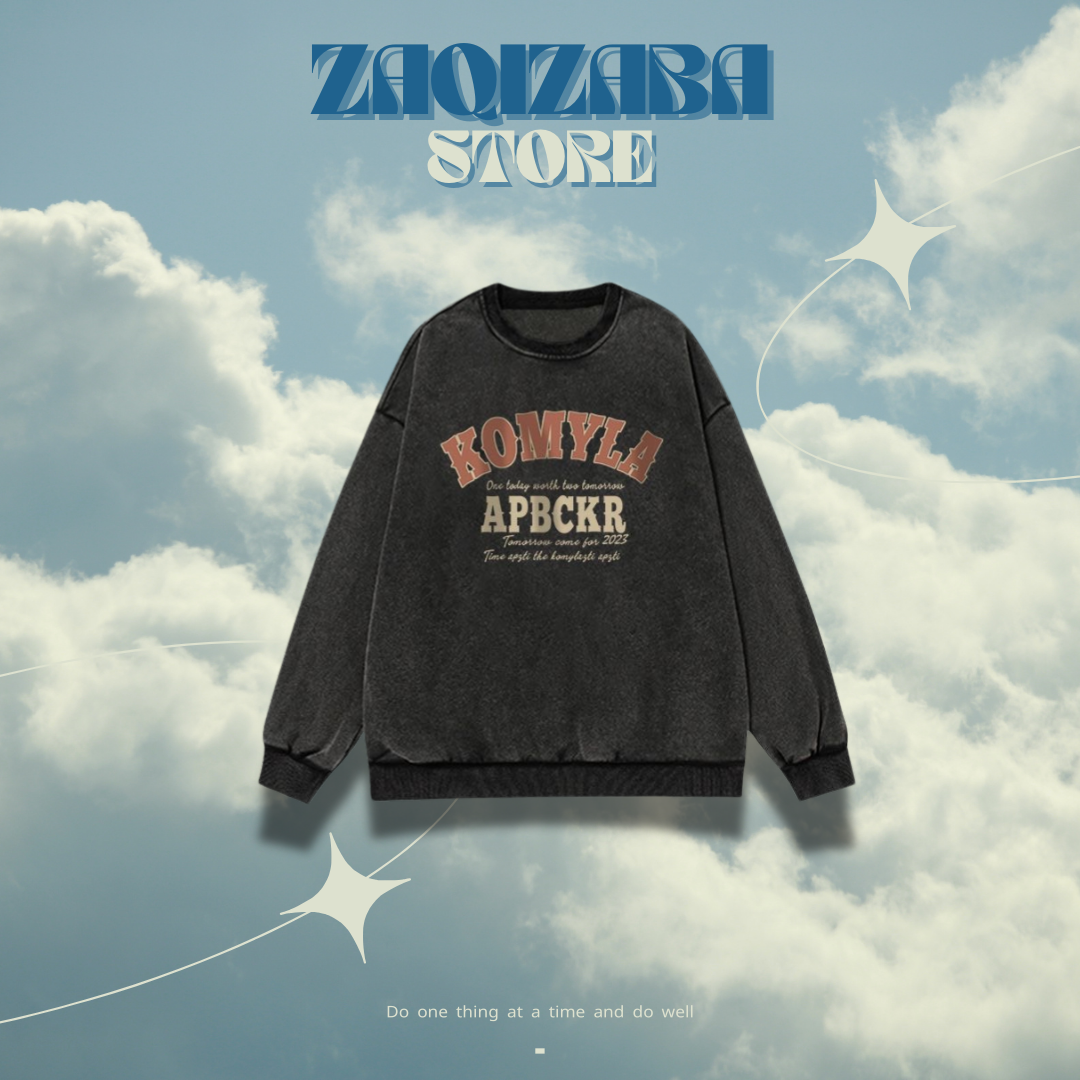 復古圓領大字水洗黑色大學T