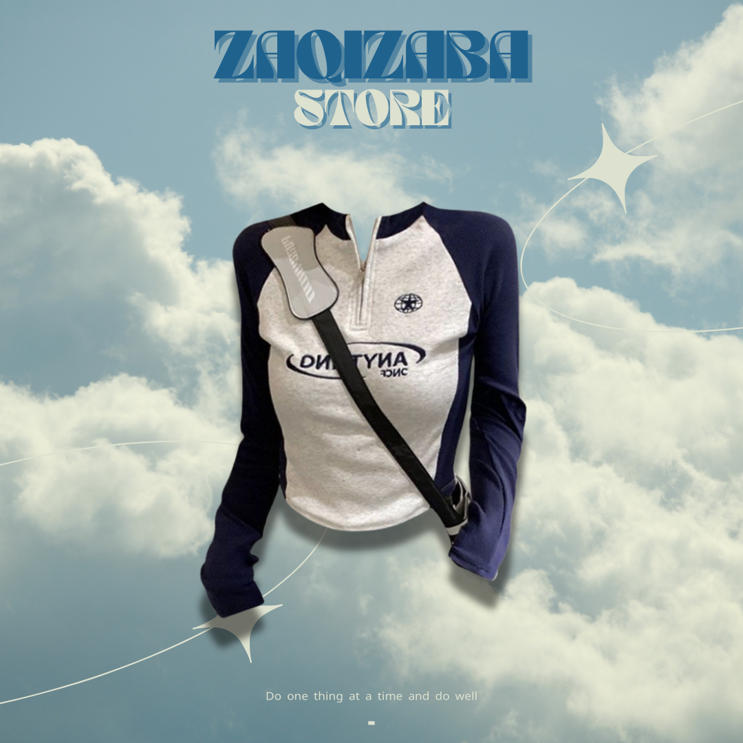 正肩字母撞色拼接長袖上衣