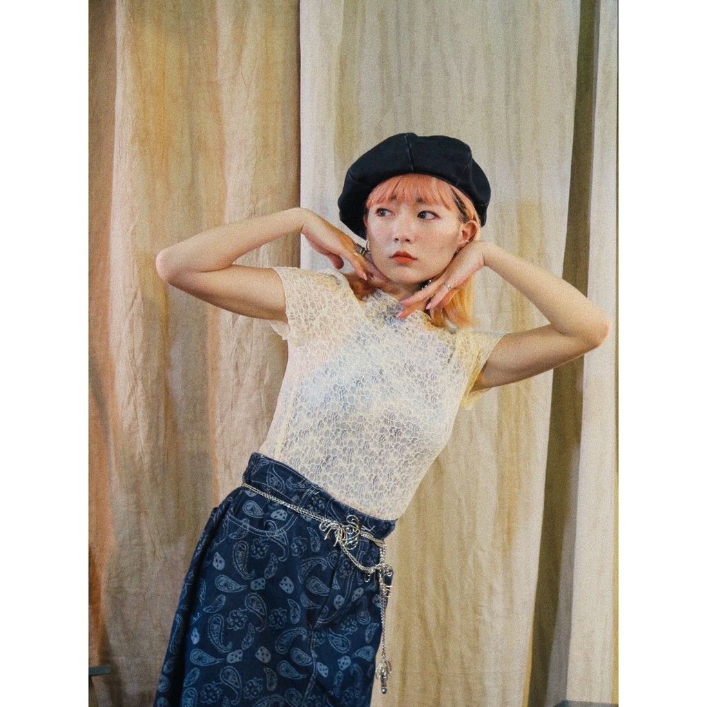 豬肉小姐 復古 春夏 森林系 刺繡鉤花木耳領半透內搭衣  內搭短袖上衣 短版木耳領上衣 層次穿搭