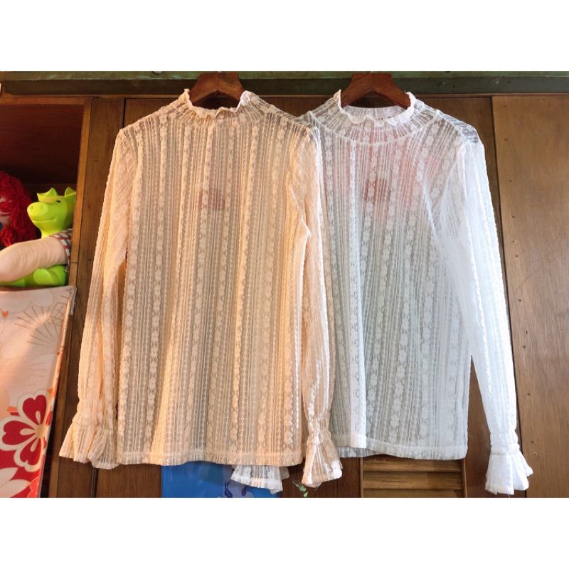 豬肉小姐 復古 vintage 刺繡鉤花木耳領垂墜內搭半透內搭上衣