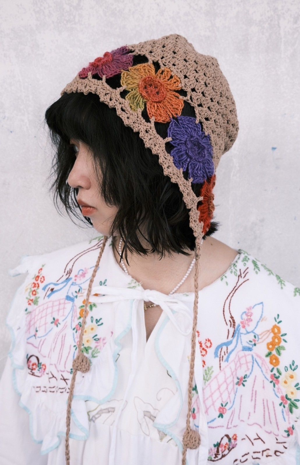 豬肉小姐 復古 日系春秋冬 勾花針織帽 鉤織綁帶帽 綁繩針織帽 鉤針 頭飾
