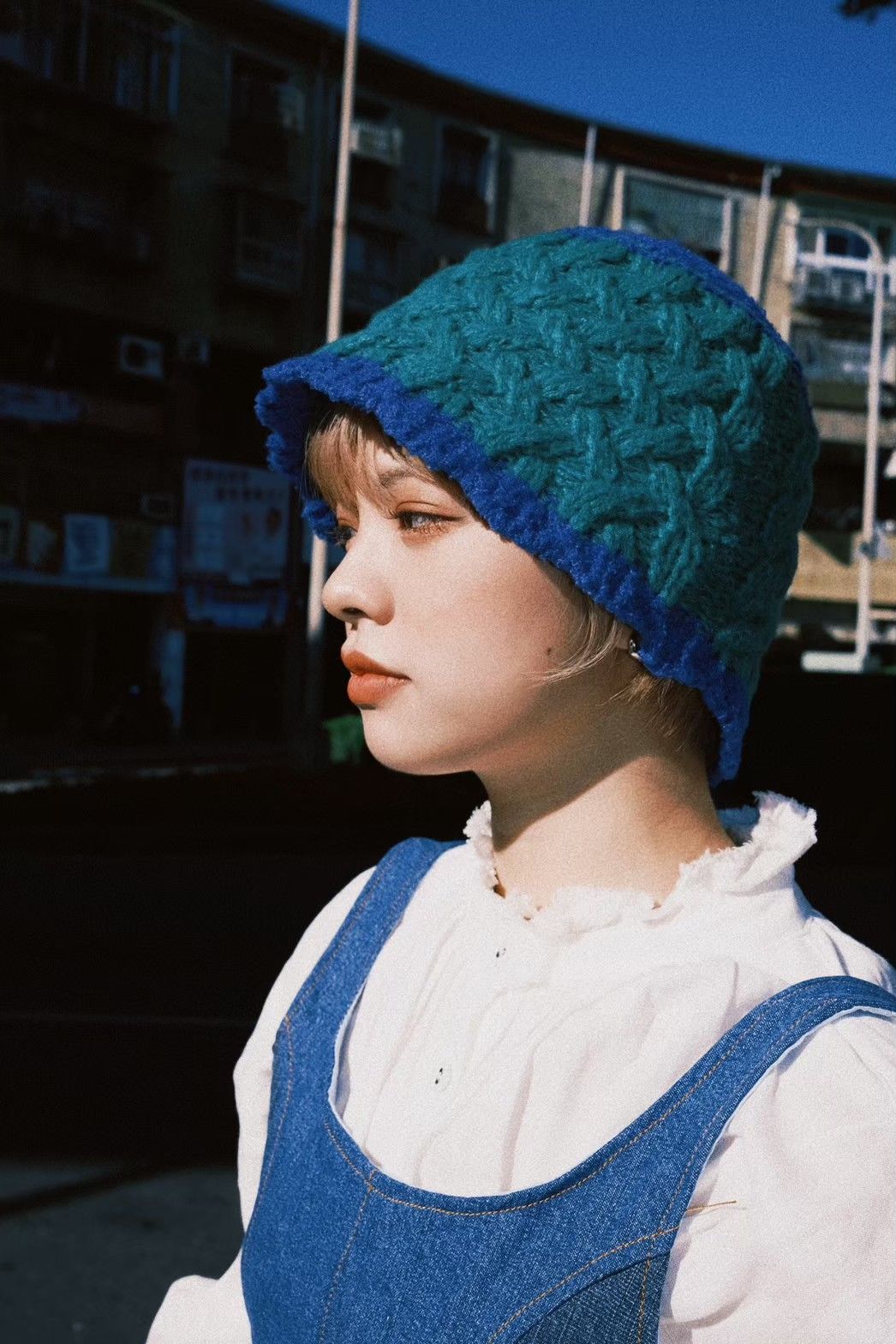 豬肉小姐 日系 復古 藍綠針織毛線帽 麻花雙色拼接盆帽