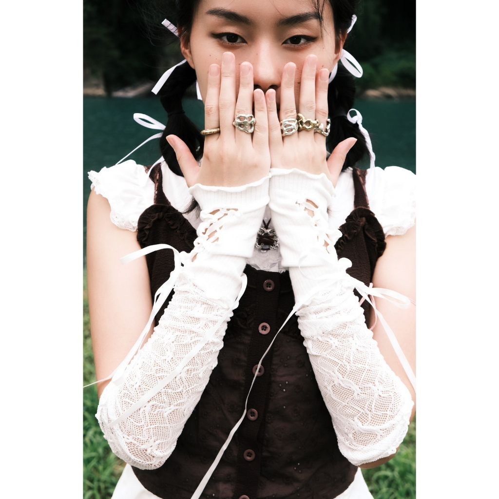 豬肉小姐 復古 法式 優雅簡單 蕾絲袖套 綁帶造型蕾絲袖套 超薄 有彈性 造型袖套 芭蕾風