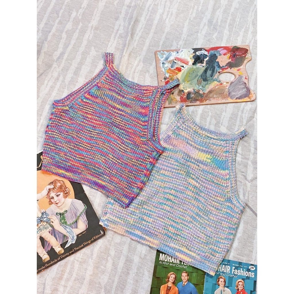 豬肉小姐 復古 針織背心 高圓領 日系 春夏 彩色 短版嬉皮森林系條紋上衣 削肩背心 鉤花針織背心
