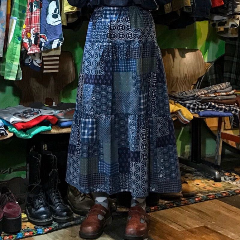 豬肉小姐 復古 仿舊 工裝風 日系拼接腰果丹寧變形蟲長裙 工裝腰果長裙