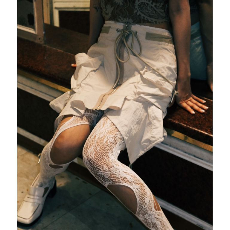 豬肉小姐 日系 y2k 抽繩不規則短裙 工裝 帥氣 甜辣 米白色  科技面料 半身裙