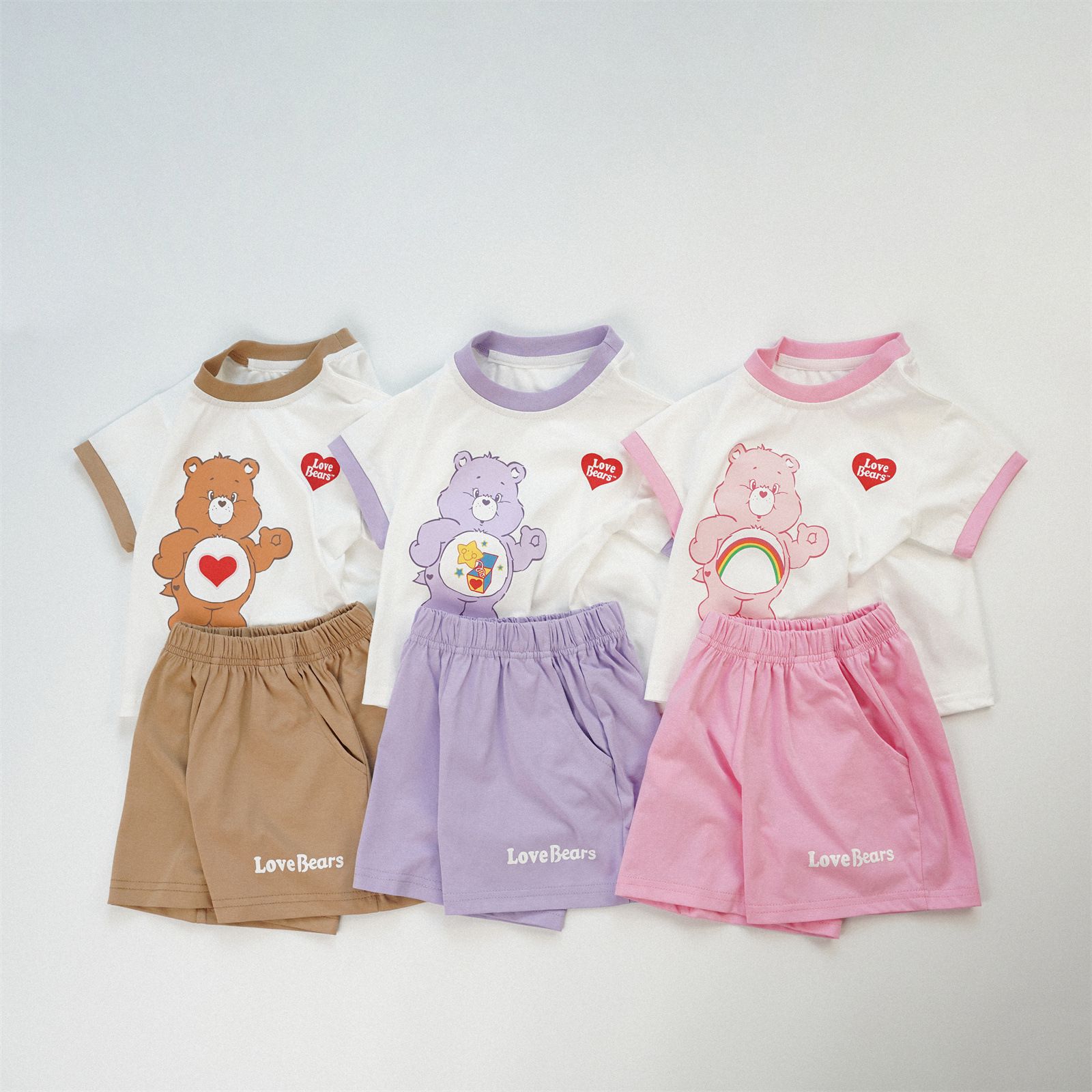 CARE BEARS 卡通兒童短袖套裝拚色彩虹熊棉a男女孩夏裝短袖