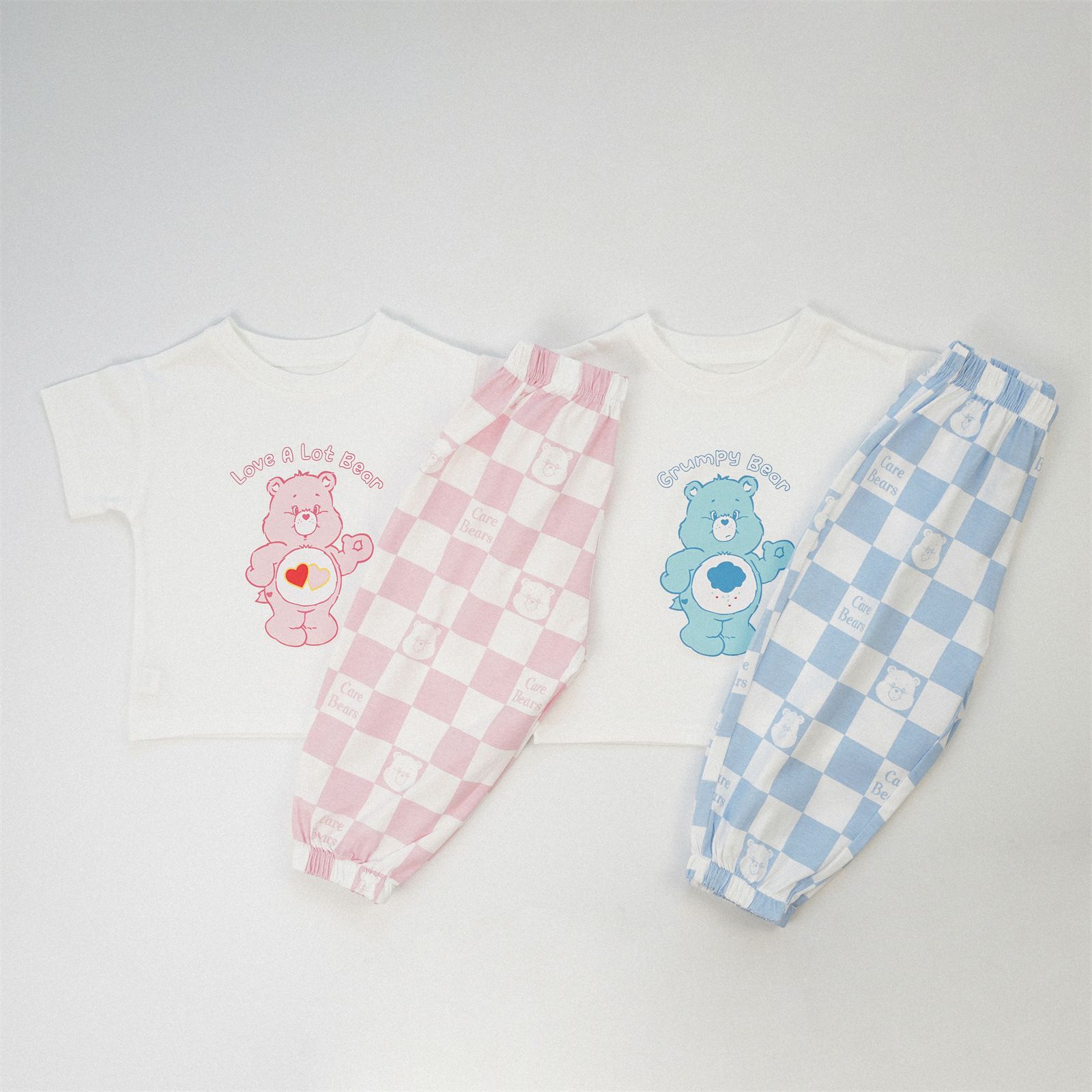彩虹熊CARE BEARS棉麻/夏天兒童格子防蚊短袖套裝夏季女童褲子男童燈籠褲薄款透氣寶寶長褲