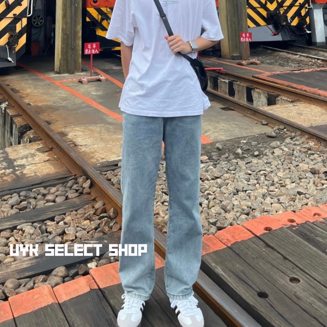 【 𝙐𝙔𝙆 】韓版做舊深藍色直筒牛仔褲