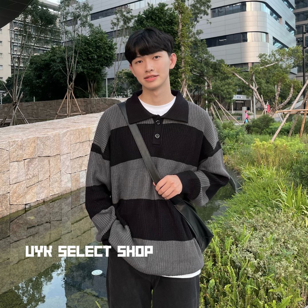 【 𝙐𝙔𝙆 】新品現貨✨（冬天必備☃️）韓版寬條紋翻領針織 毛衣