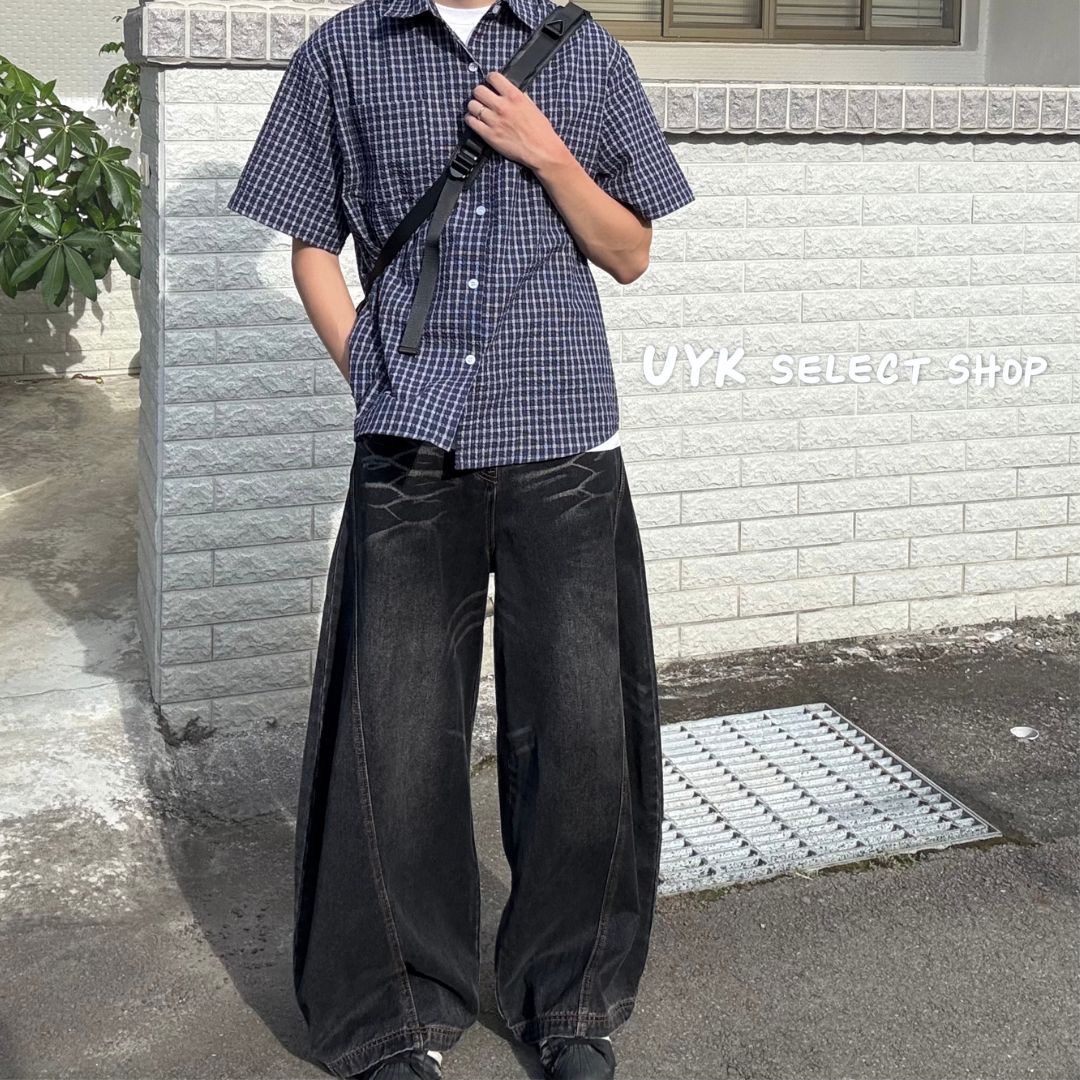 美式復古水洗色 黑色彎刀褲 牛仔褲 寬鬆垂墜感長褲