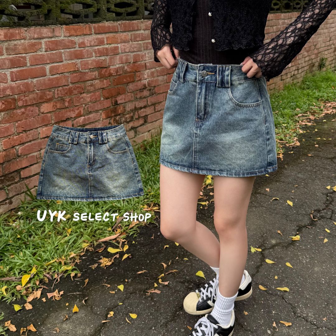 復古做舊水洗刷色牛仔A字短裙