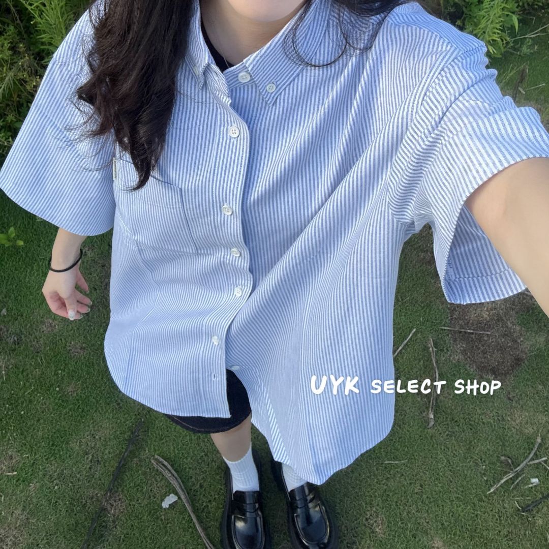 【 𝙐𝙔𝙆 】日系簡約條紋短袖襯衫（男女