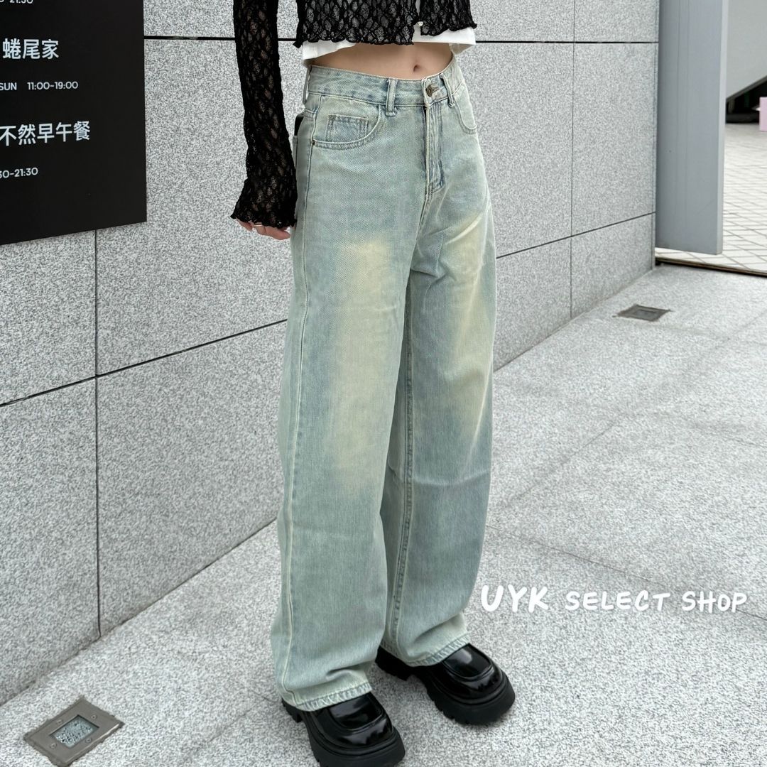 日韓系落地款寬鬆直筒淺藍色牛仔褲
