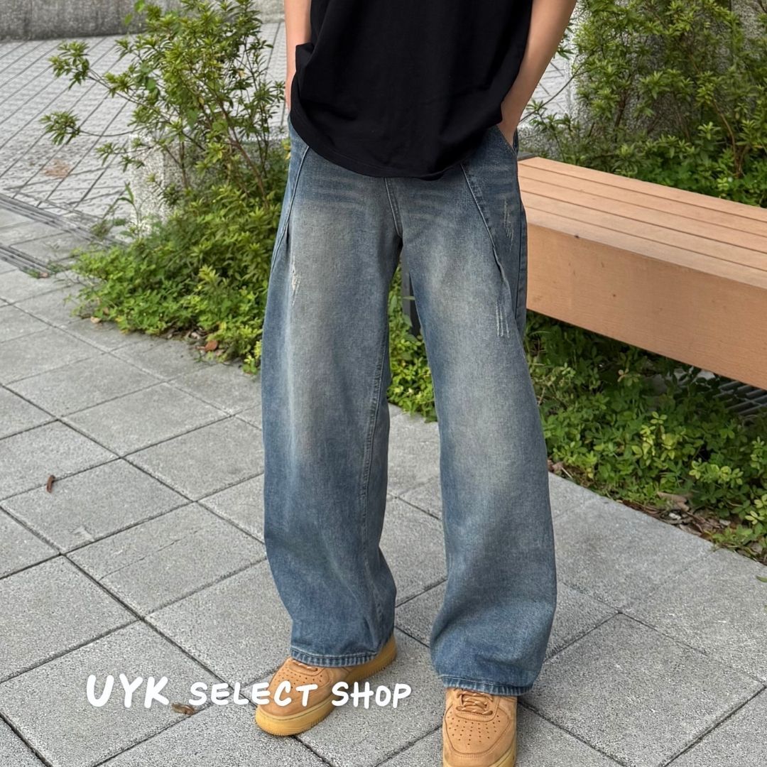 美式復古做舊破壞感彎刀牛仔褲