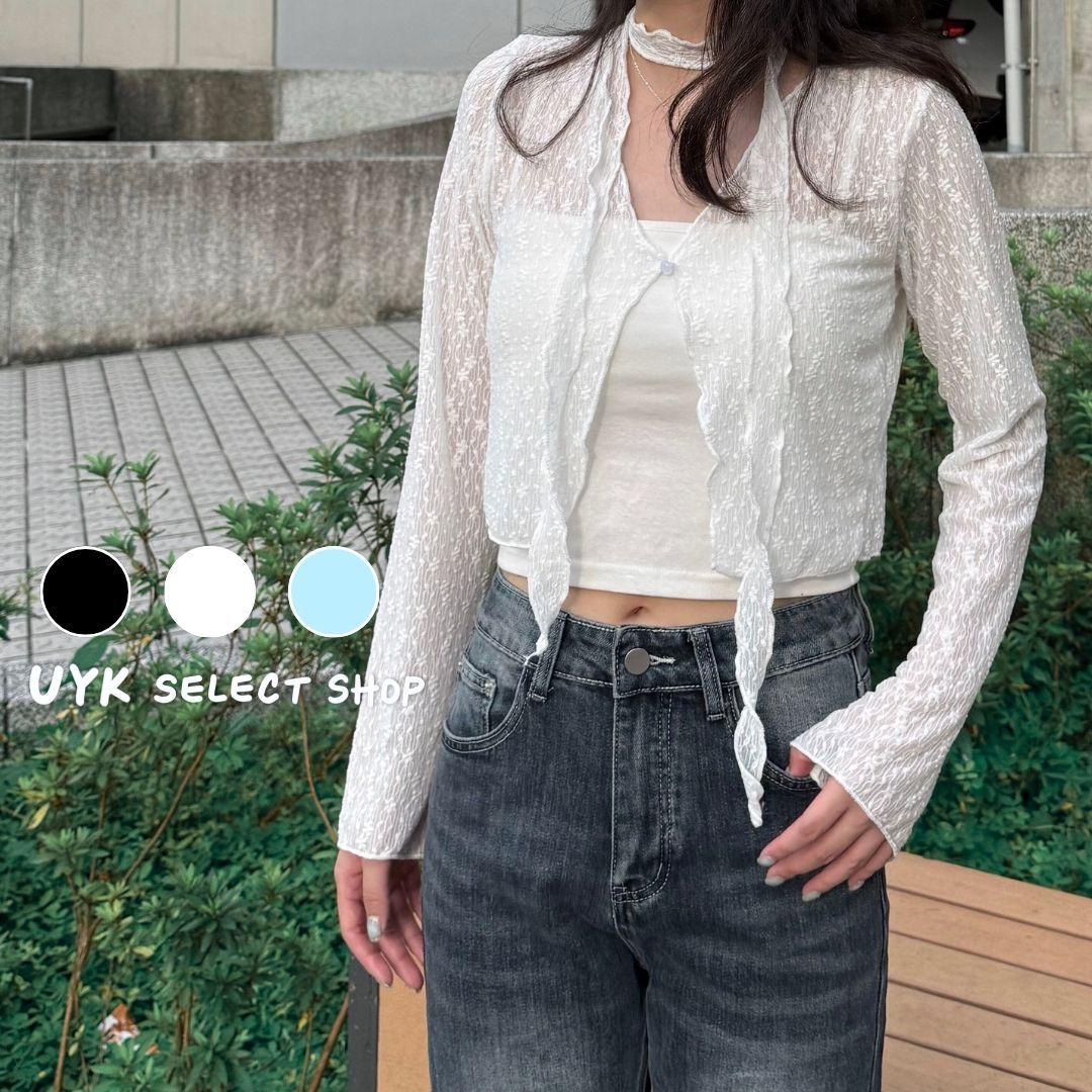 日韓系蕾絲脖子綁帶鈕釦短版長袖罩衫 3colors