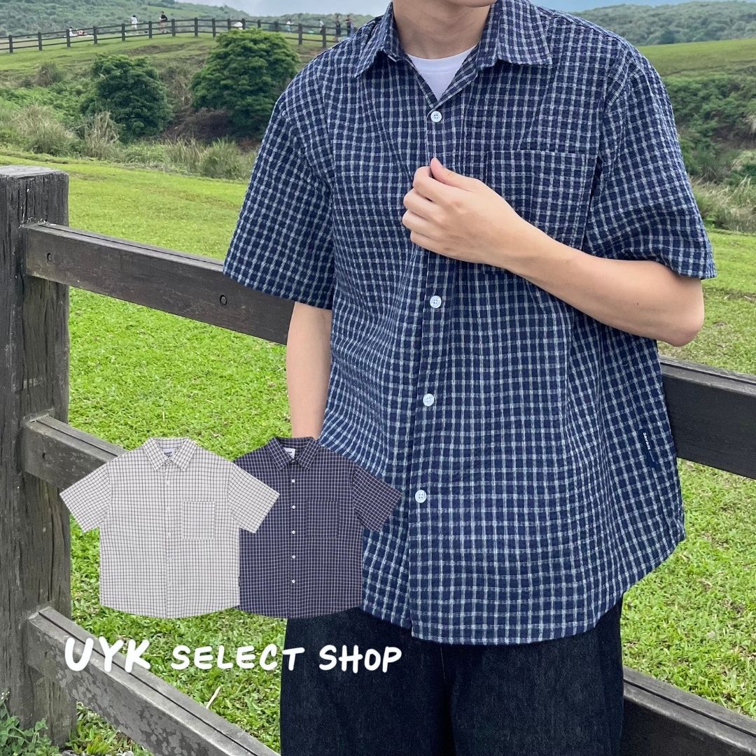 日系復古格子休閒襯衫 2colors 上衣 短袖