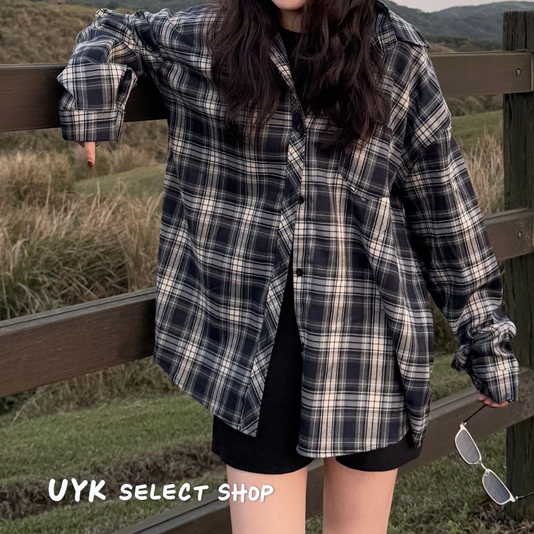 男友風格紋薄長袖襯衫 格子 襯衫