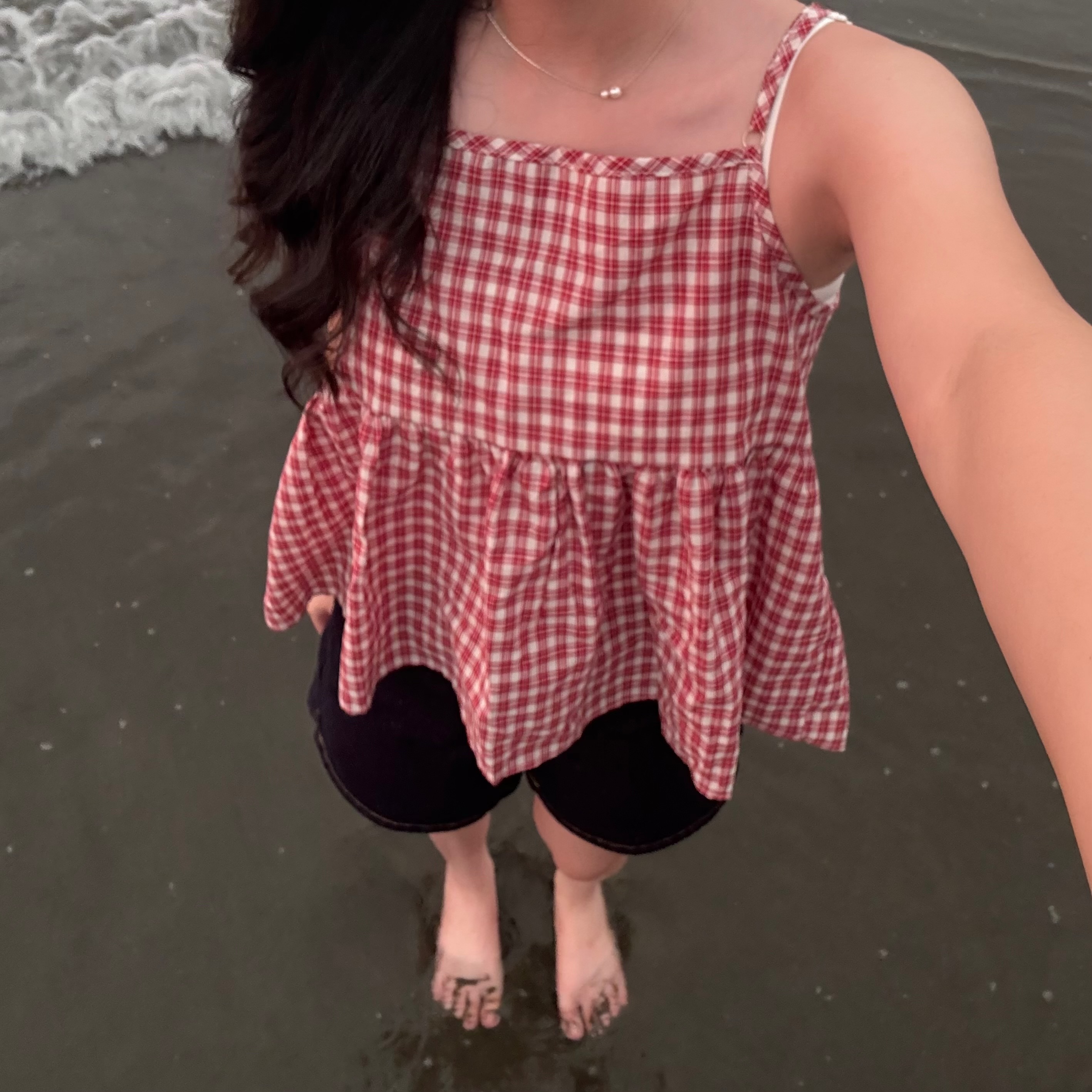 可愛風紅色格紋小吊帶