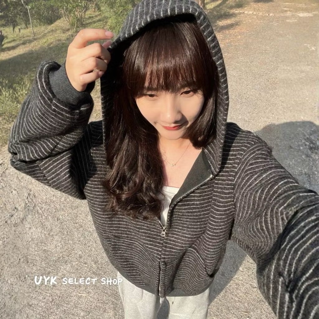 日系復古條紋毛毛寬鬆連帽外套