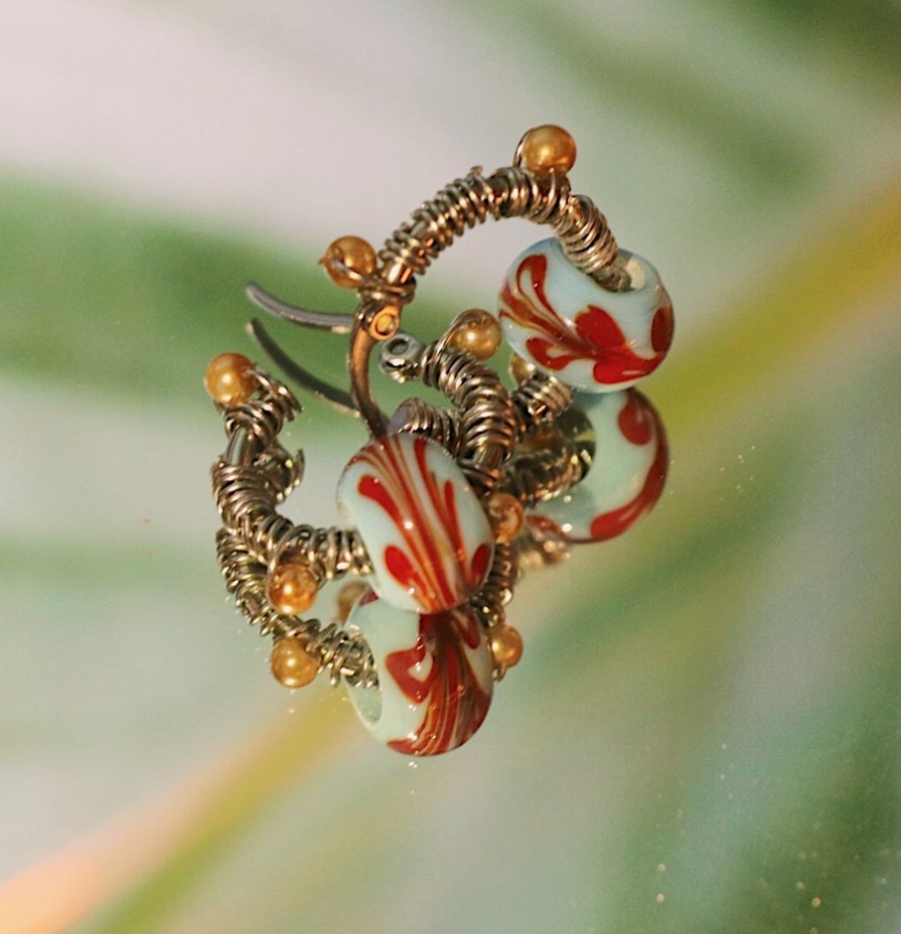 藍配咖啡拉花金珠琉璃不鏽鋼圈圈耳環 大耳垂 手工 耳環 飾品 復古 耳針（單個販售）