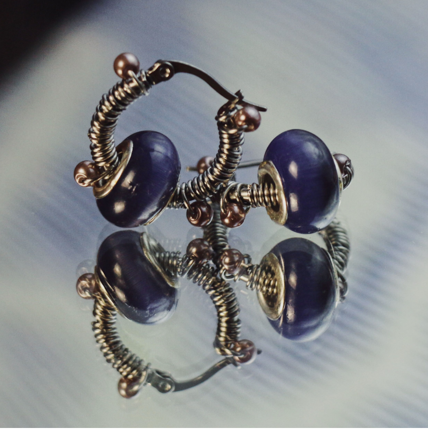 紫藍貓眼琉璃纏繞紫珠 不鏽鋼圈圈耳環 大耳垂 手工 耳環 飾品 復古 耳針 （單個販售）