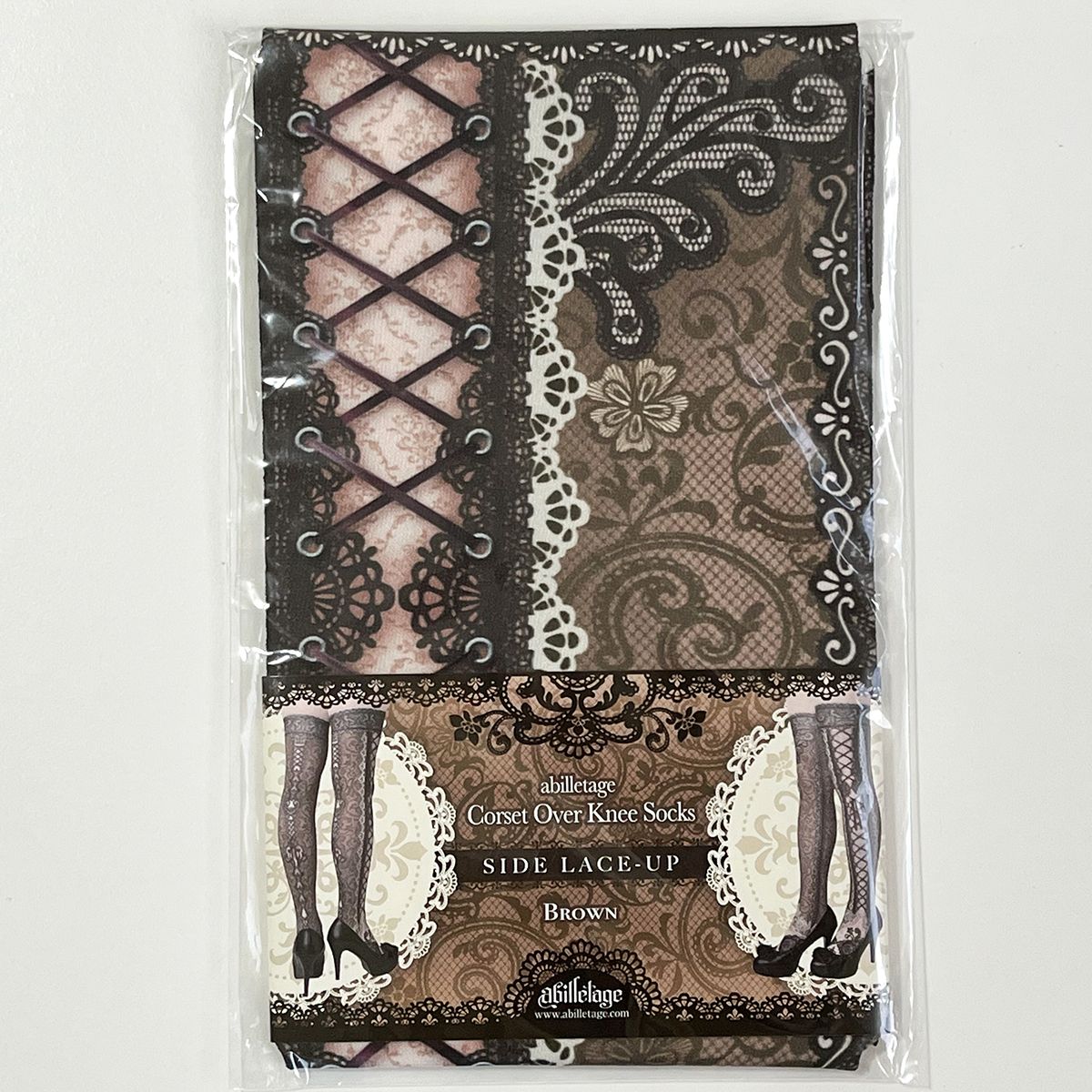 新古品 abilletage 咖啡色過膝襪 corset over knee socks Side Lace-up