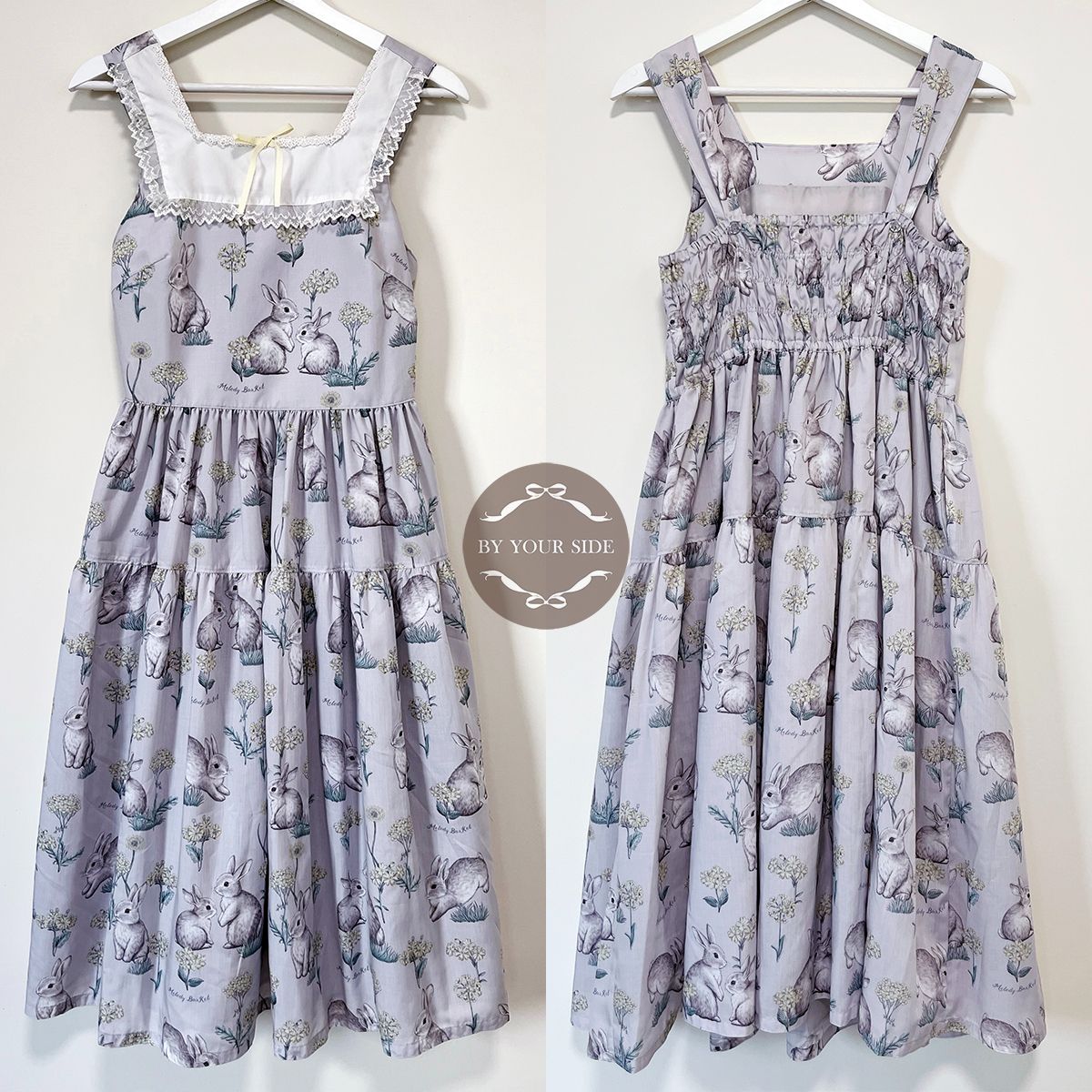 二手 日本製 Melody BasKet Botanical Rabbit JSK 淺灰