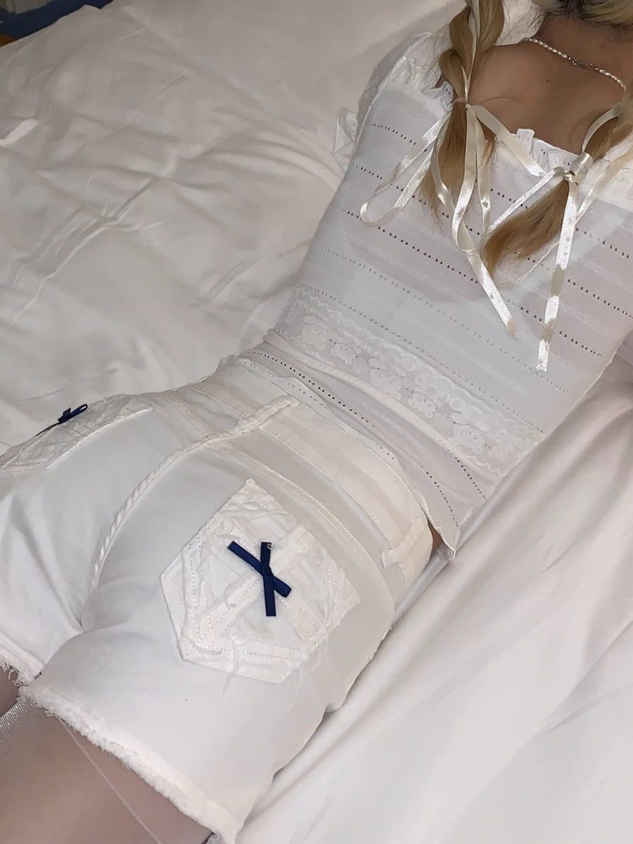Porkynini ballet core芭蕾系列 蝴蝶結白色高腰牛仔短褲