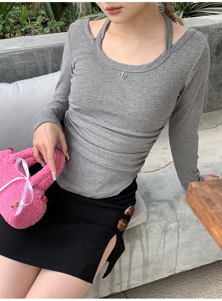 Porkynini ballet core 蝴蝶抓皺掛脖挖背T 灰