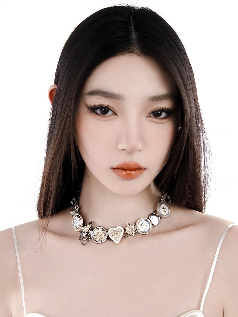 New🐚 Planktont 金銀紐扣朋克鑲鑽鈦鋼鎖骨鏈