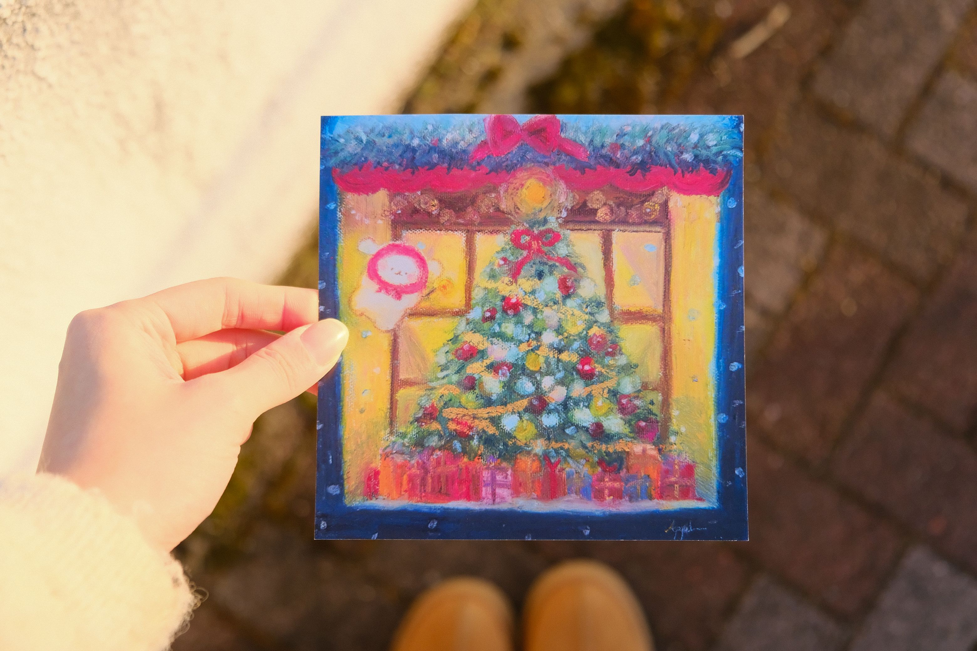 珍珠紙粉彩-『垂耳兔與窗外的聖誕樹』大卡片（雙面）