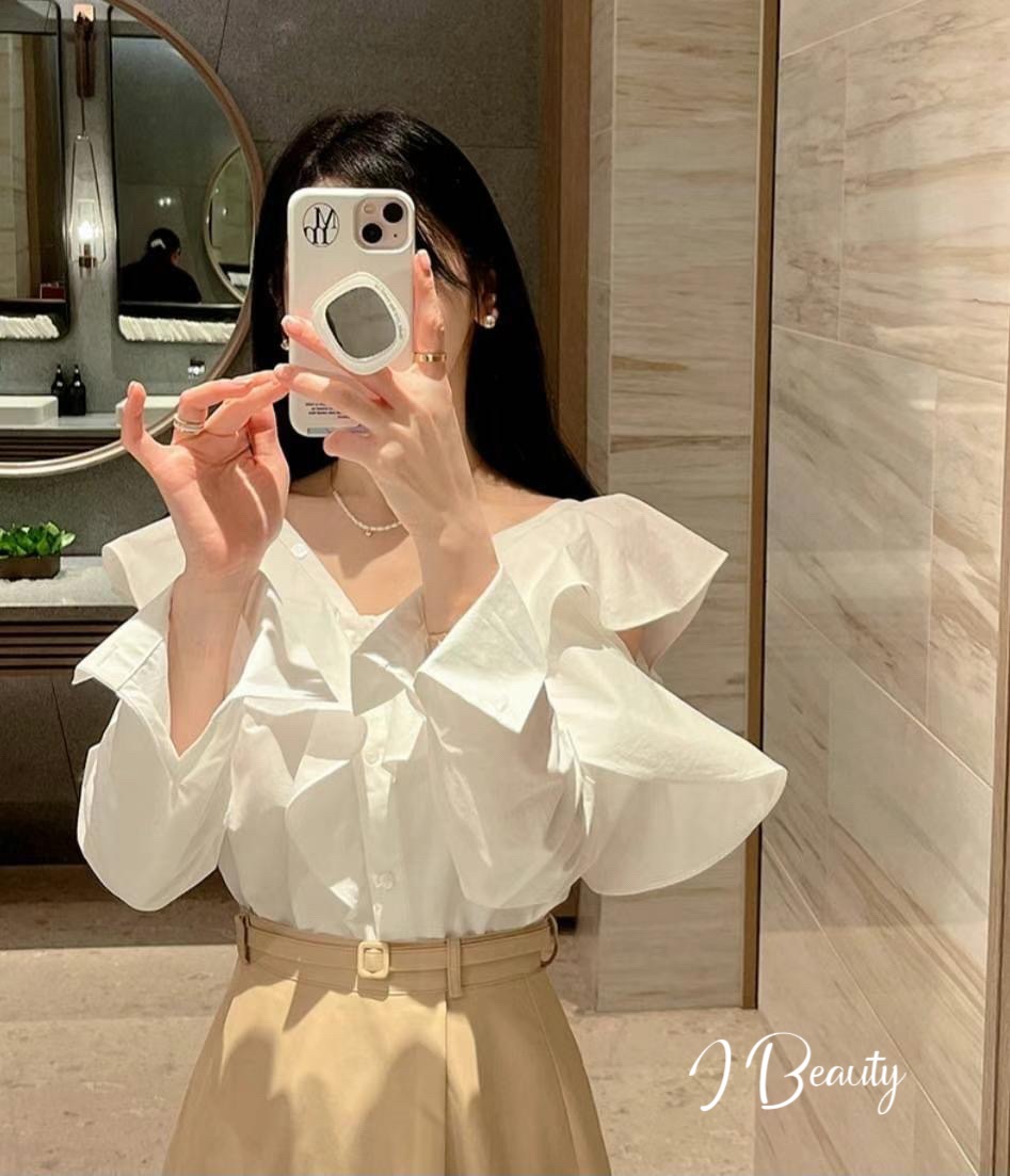 I Beauty 🇰🇷韓國東大門代購 少女心 甜美 寬鬆 露肩 V領 荷葉邊 長袖襯衫 上衣