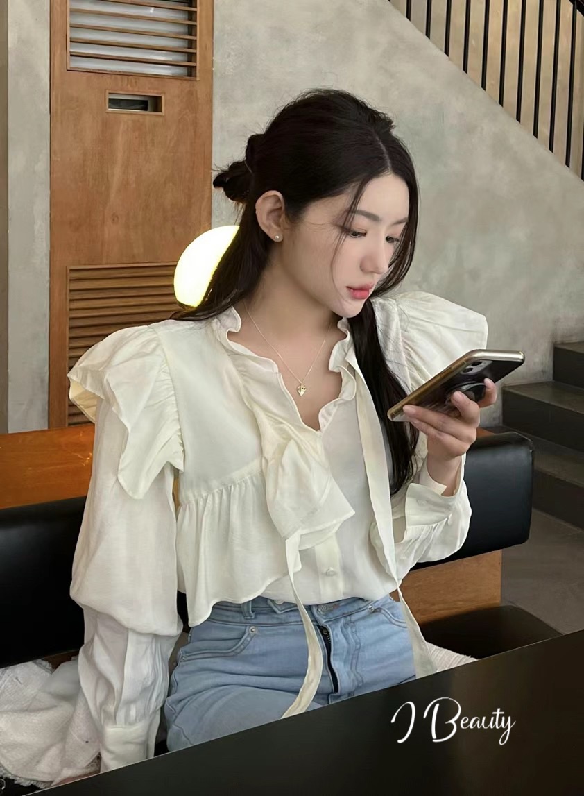 I Beauty 韓國東大門代購 溫柔 別緻 荷葉領 系帶 宮廷風 長袖襯衫