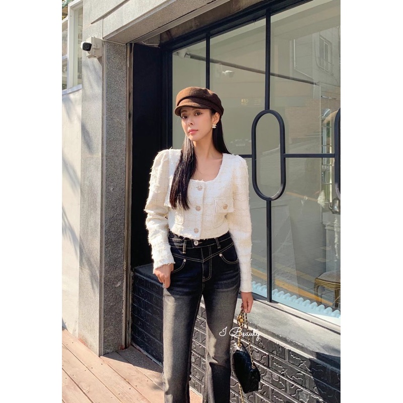 I Beauty 🇰🇷韓國東大門代購 復古 仿舊風 高腰 顯瘦 雙釦 刷白 喇叭牛仔褲 長褲