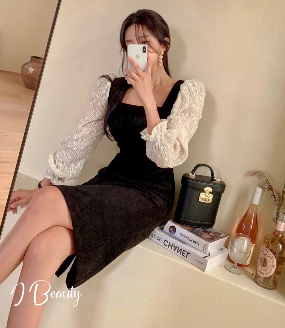 I Beauty 🇰🇷韓國東大門代購 魅力女人味 方領 修身 中長款連衣裙