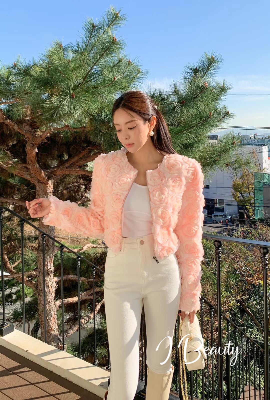 I Beauty 🇰🇷韓國東大門代購 氣質 立體玫瑰花朵 短款 拉鍊開衫外套