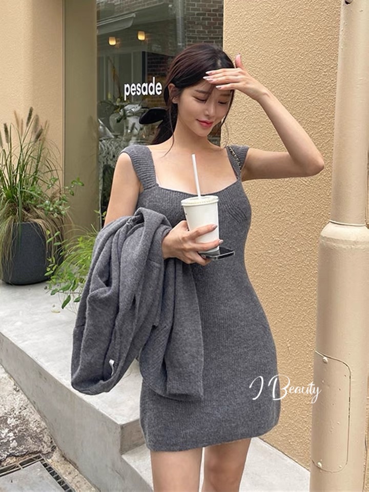 I Beauty 🇰🇷韓國東大門代購 微性感 修身 包臀 短袖連衣裙+毛衣外套 兩件套裝