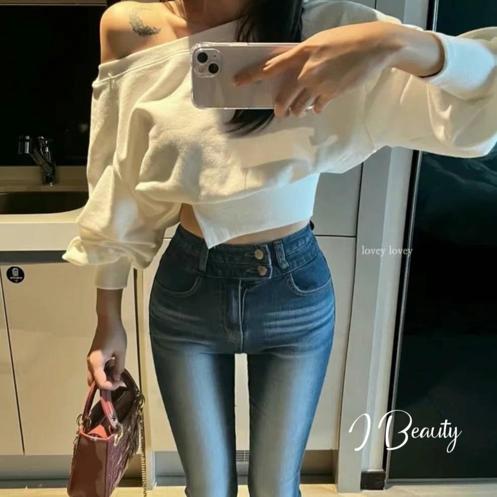 I Beauty 🇰🇷韓國東大門代購 設計感 高腰 側雙扣 水洗 微喇叭牛仔褲