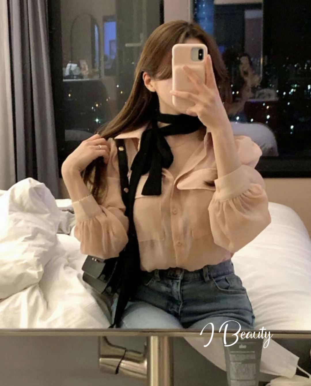 I Beauty 🇰🇷韓國東大門代購 時尚 百搭 系帶 微透 長袖 泡泡袖襯衫