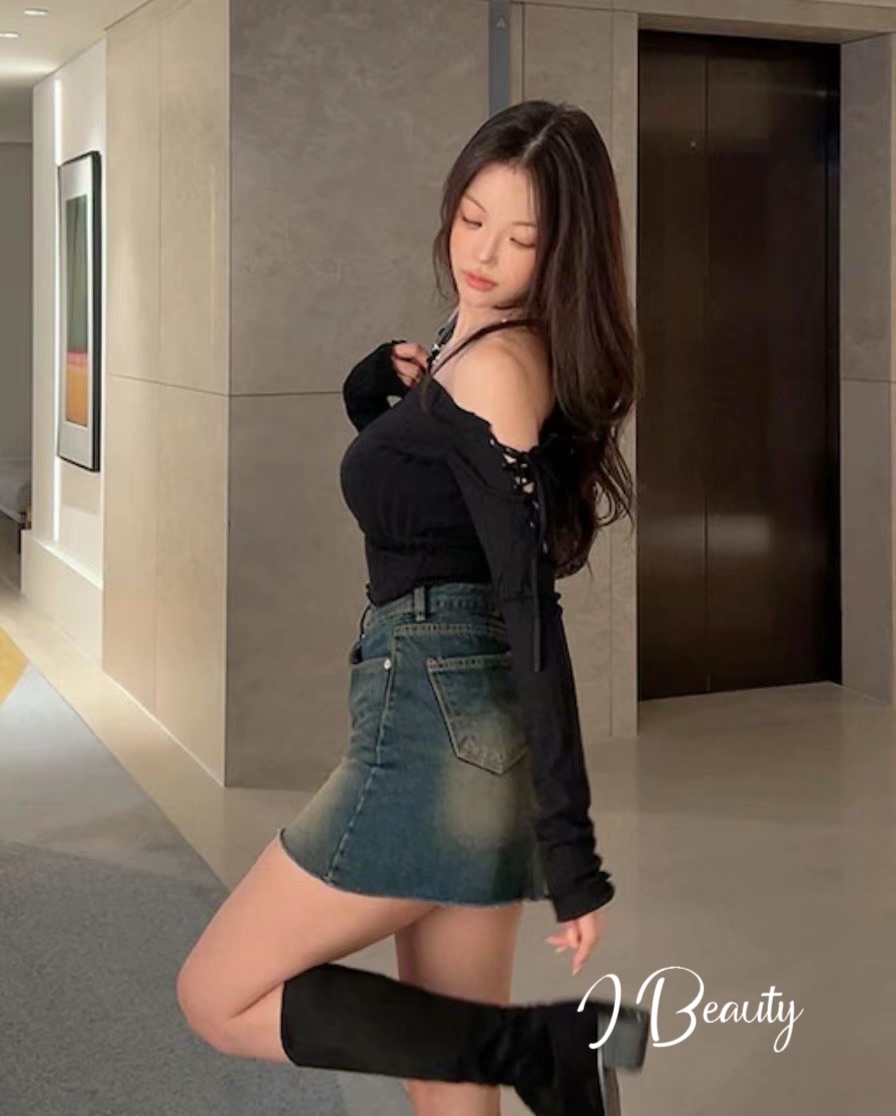 I Beauty 🇰🇷韓國東大門代購 純色 一字肩 綁帶 長袖上衣